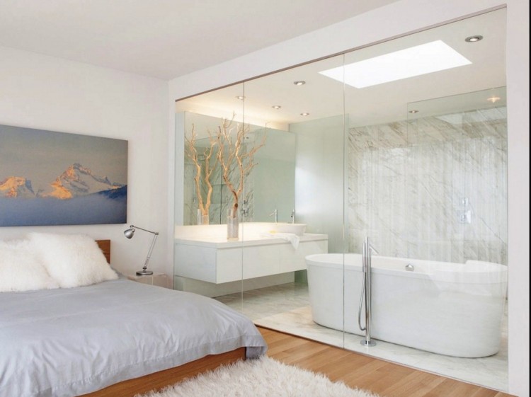Clear glass partition between bedroom and bathroom.